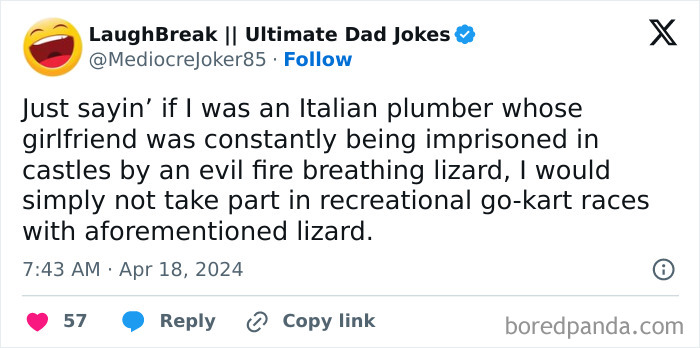 Screenshot of a humorous tweet about an Italian plumber, a girlfriend, and a fire-breathing lizard, emphasizing hilariously dumb logic.