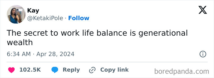 Tweet about investment memes and generational wealth, highlighting work-life balance humor.