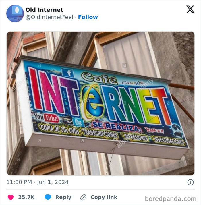 Colorful retro-style internet café sign, evokes old-internet vibes with vibrant letters and classic platform logos.