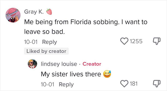 Screenshot of viral comments discussing moving from Florida to a blue state.
