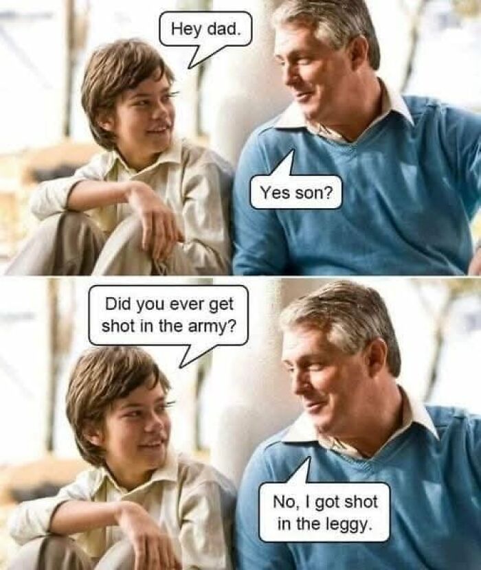 Father and son sharing a pun, showcasing dad humor with playful dialogue about military service.