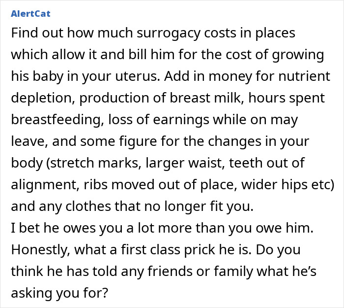 Text expressing frustration over husband's maternity leave bill, suggesting additional costs he owes.