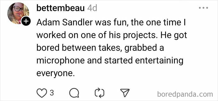 Social media post with text praising a Hollywood celebrity for being fun and entertaining on set.