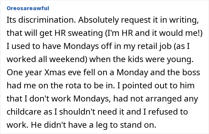 Text discussing workplace discrimination related to covering for colleagues with kids on Christmas.