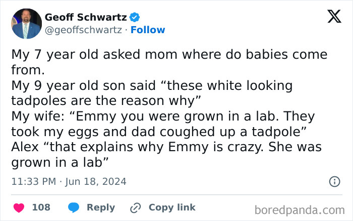 Funny tweet about kids humorously explaining where babies come from.
