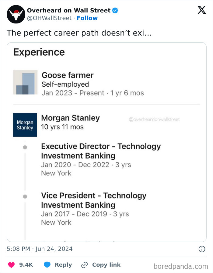 Investment meme showing a job shift from Wall Street banker to goose farmer.