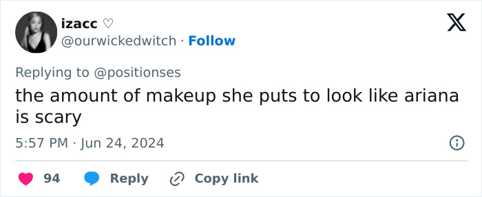 Tweet criticizing impersonator's makeup use to resemble Ariana Grande, highlighting a "scary" transformation. Tweet criticizing impersonator's makeup use to resemble Ariana Grande, highlighting a "scary" transformation.