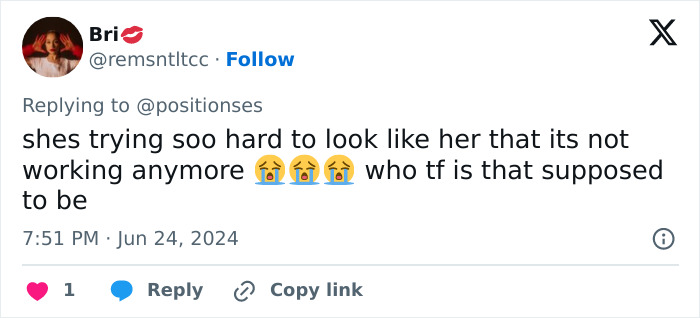 Tweet criticizing Ariana Grande impersonator's weight loss and attempt to mirror her look. Tweet criticizing Ariana Grande impersonator's weight loss and attempt to mirror her look.