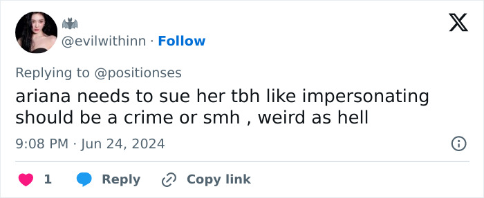 Tweet about Ariana Grande impersonator criticized for "scary" weight loss to resemble her. Tweet about Ariana Grande impersonator criticized for "scary" weight loss to resemble her.