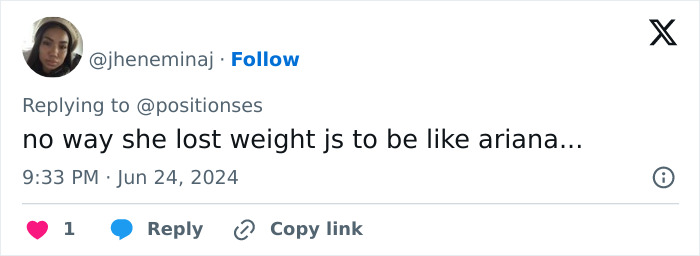 Tweet criticizing Ariana Grande impersonator for weight loss aiming to mirror her look. Tweet criticizing Ariana Grande impersonator for weight loss aiming to mirror her look.