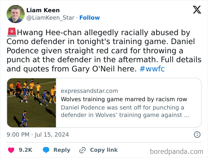 Tweet about a chaotic good act during a Wolves training game, highlighting a racial a***e incident and red card event.
