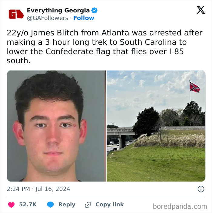 Chaotic good action: a young man arrested for removing a Confederate flag over a highway.