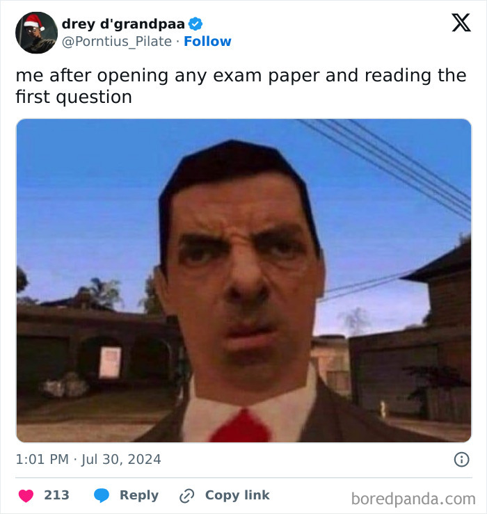 Meme of a confused character with a distorted face, captioned about university life and exam stress.