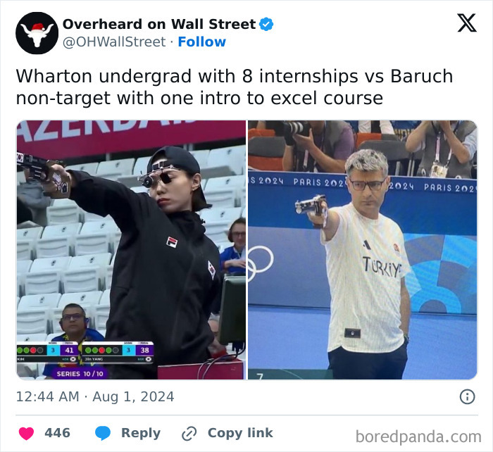 Two athletes aim guns with caption comparing internships and Excel courses; reflects investment meme theme.
