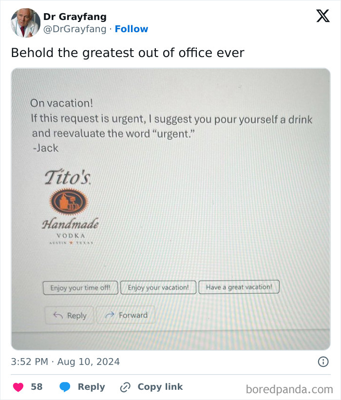 Funny meme of an out-of-office email suggesting a drink for urgent requests with Tito's Vodka logo.
