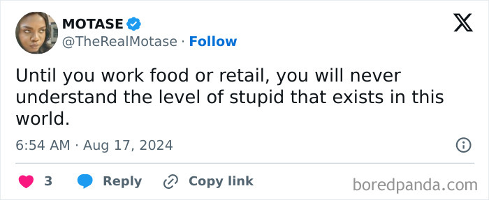 Tweet by MOTASE humorously commenting on experiences in food and retail, sharing a funny observation on people's behavior.