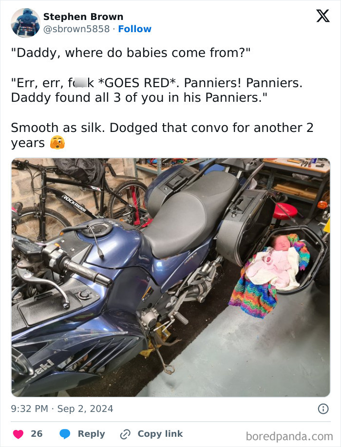 Baby in a motorcycle pannier, highlighting a funny take on the question of where babies come from.