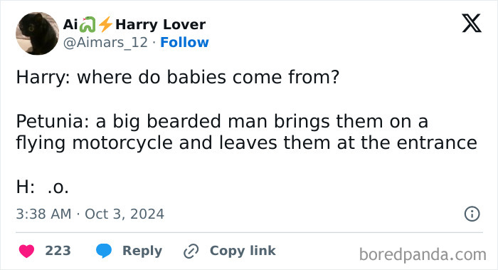 Funny tweet about where babies come from featuring a bearded man on a flying motorcycle.