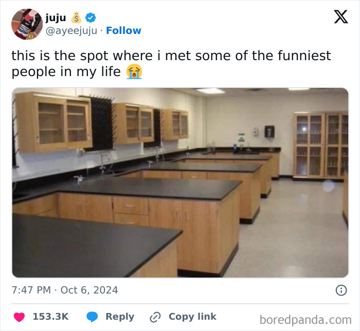 Empty science classroom with lab tables and wooden cabinets, referenced in a funny post about meeting people.