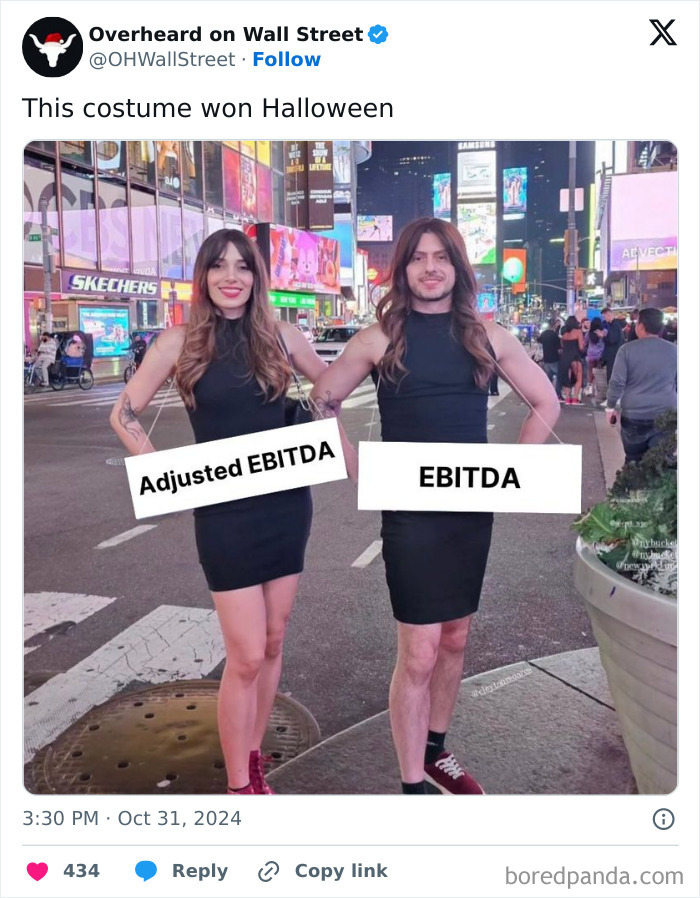 Two people in matching black dresses labeled "Adjusted EBITDA" and "EBITDA" in a humorous investment meme.