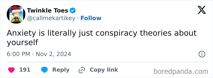 Sarcasm post about anxiety being self-conspiracy theories, shared by Twinkle Toes with engagement stats visible.