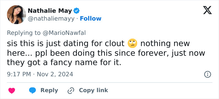 Tweet by Nathalie May discussing "throning," a dating trend for clout, expressing skepticism with an eye-roll emoji.