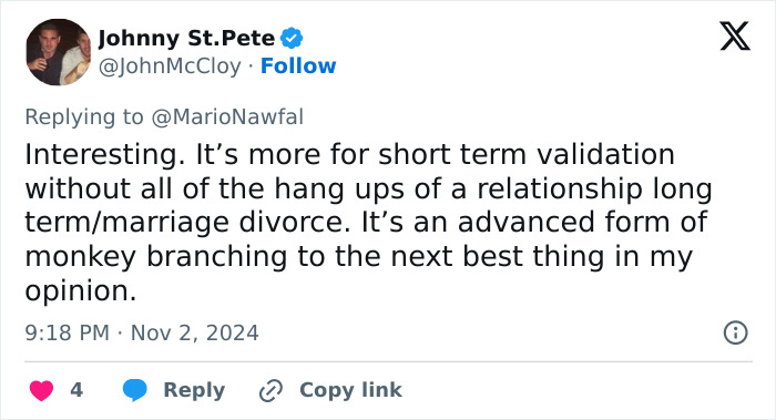 Tweet discussing "throning," the controversial dating trend, focusing on short-term validation rather than long-term commitment.
