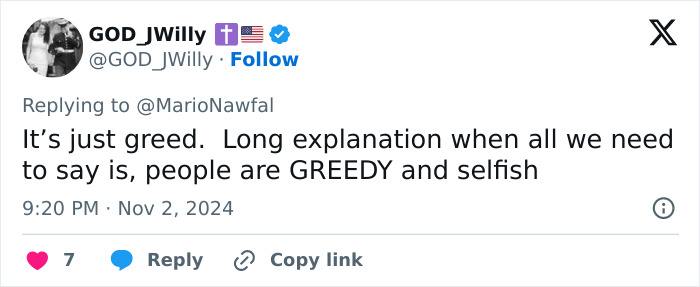 Tweet criticizing greed in response to a discussion about the dating trend "Throning.