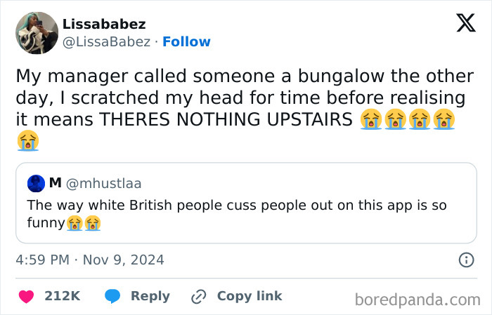 Screenshot of a funny post by a woman, sharing a humorous insult about someone being called a bungalow.