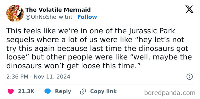 Tweet humorously comparing Jurassic Park sequels to real-life decisions, showcasing funny posts by women.