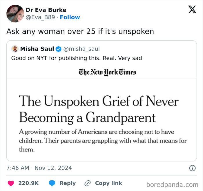 Tweet about the unspoken grief of not becoming a grandparent, highlighting funny posts by women.