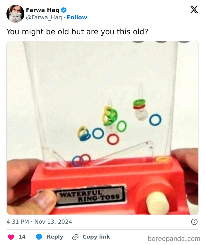 Hands holding a vintage Waterful Ring-Toss game, evoking nostalgia with spot-on humor.