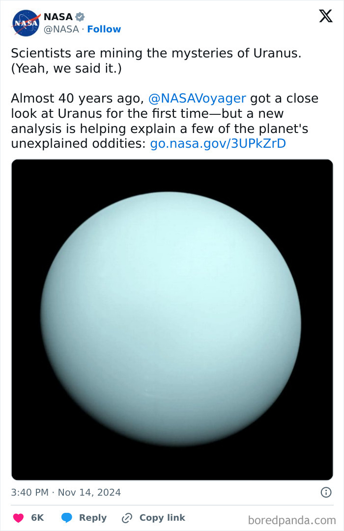 NASA's social media post humorously discusses Uranus with image, showcasing a funny and bizarre approach to space exploration.