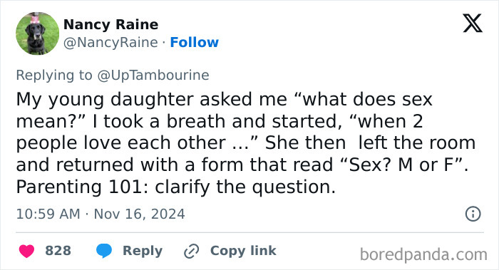 Tweet humorously addressing the topic of where babies come from with a parenting lesson on clarifying questions.