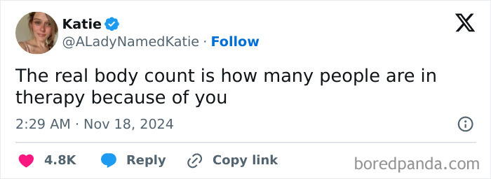 Funny post by a woman about real body count measured by therapy.