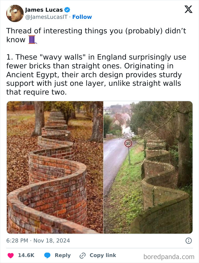 Wavy brick walls in England use fewer bricks and stable arch design, showcasing rare facts about people, places, and everyday things.