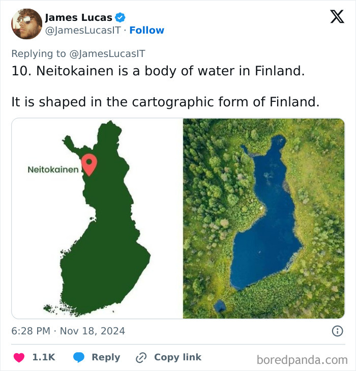 Map and aerial view showing Neitokainen, a rare body of water in Finland shaped like the country, a unique place fact.