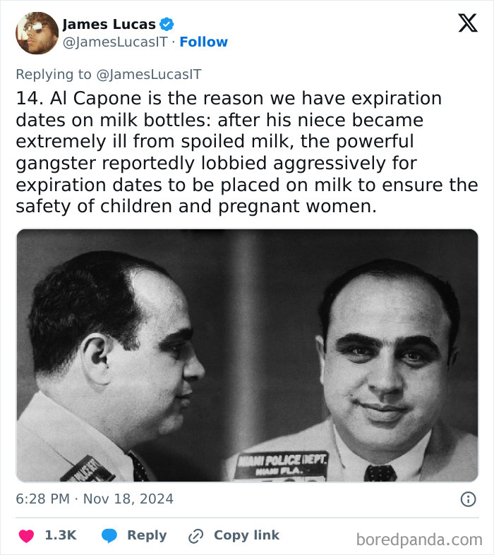 Black and white mugshot of Al Capone, a rare fact about people influencing milk bottle expiration dates.
