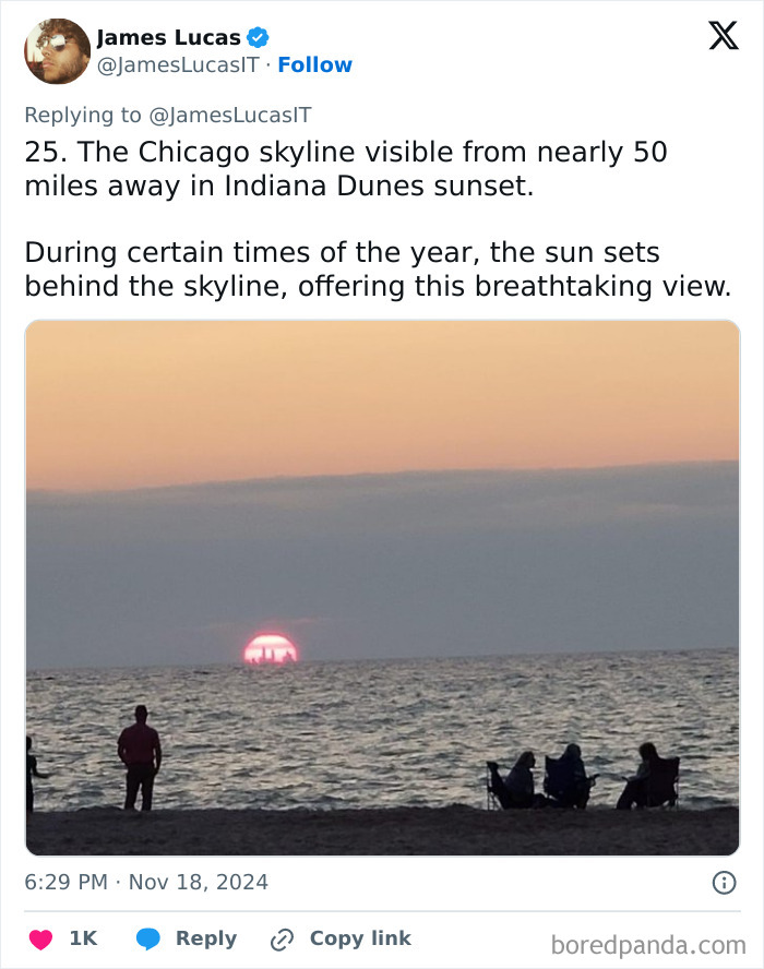 Sunset over Indiana Dunes beach with Chicago skyline visible 50 miles away, showcasing rare facts about places and views.