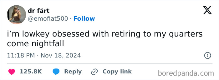 Tweet from a user humorously expressing enjoyment of relaxing at night.