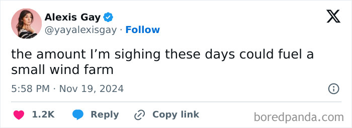 Tweet by a woman humorously suggesting her sighs could power a wind farm.