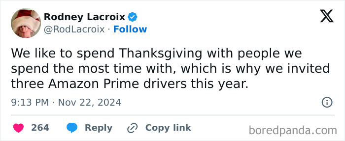 Funny Thanksgiving tweet about spending time with Amazon Prime drivers.