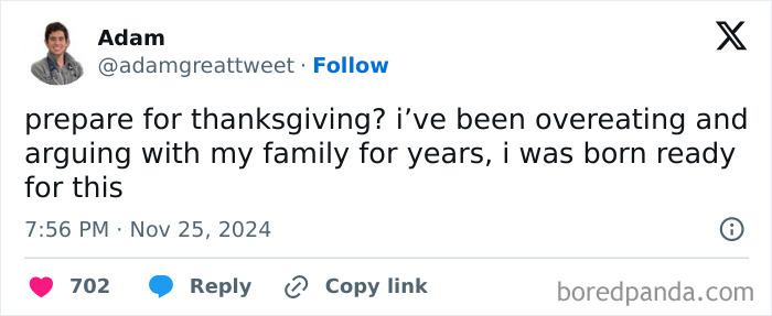 Funny Thanksgiving tweet about preparing for family gatherings and overeating, shared by a witty user on social media.