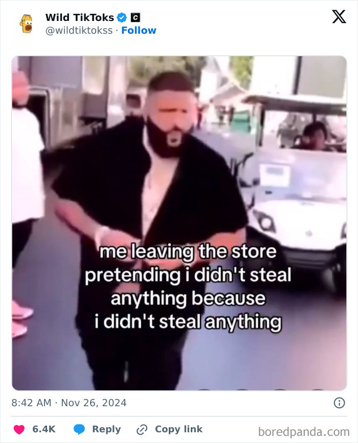 Man in a TikTok meme with text about leaving a store without stealing.