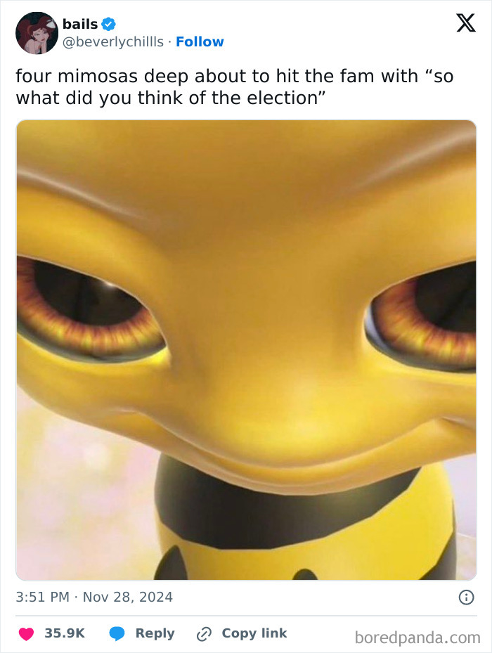 Hilarious Thanksgiving tweet featuring a bee's intense stare, capturing the humor of holiday family conversations.