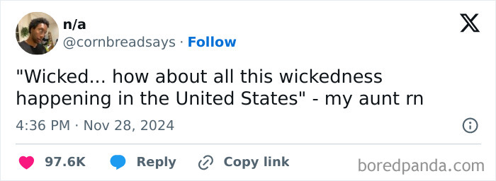 Screenshot of a humorous Thanksgiving tweet about wickedness in the United States by @cornbreadsays.