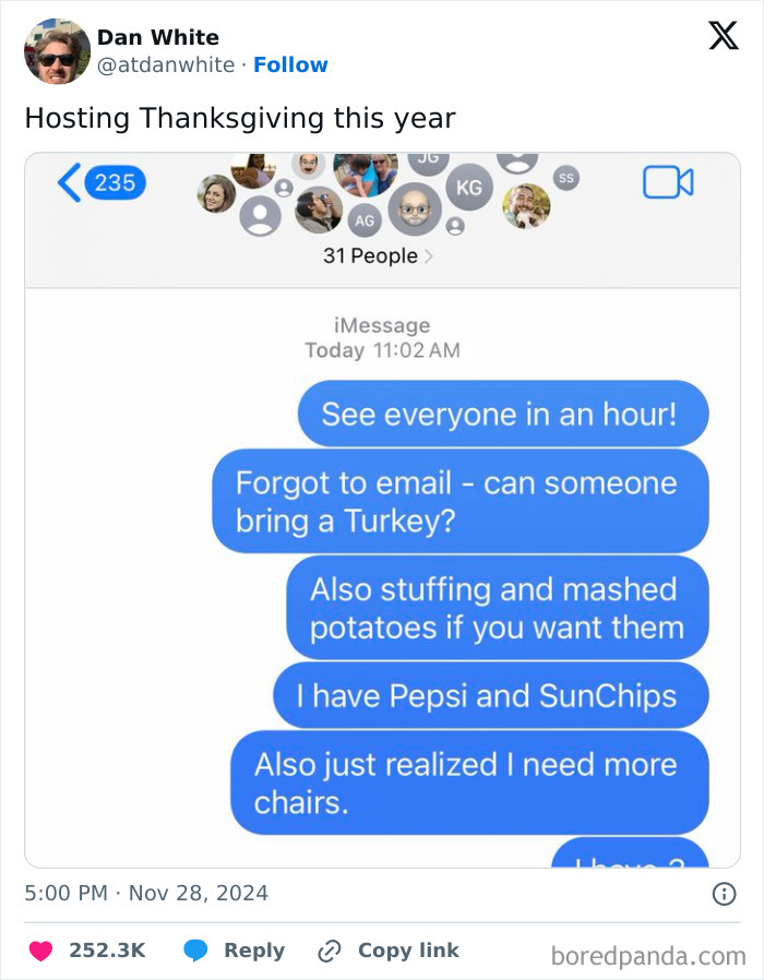 Text message joke about hosting Thanksgiving, asking for turkey and more chairs.
