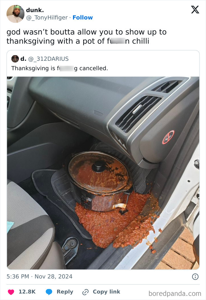 Thanksgiving tweets: spilled chili in car footwell, creating a humorous mess.