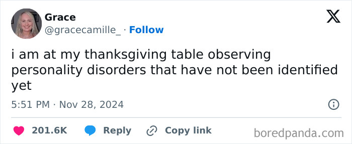 Thanksgiving tweet humorously observing personality quirks at a family gathering.