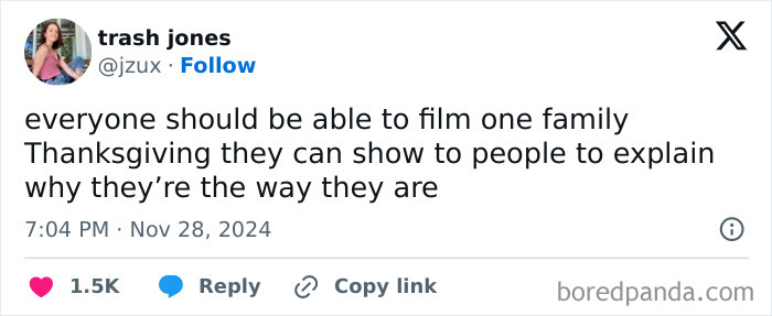 Hilarious Thanksgiving tweet by user @jzux about filming family gatherings to explain oneself.